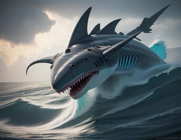 Mutated Shark-Pterodactyl Breaching Stormy Seas in 3D
