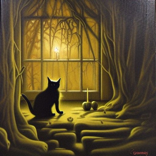 Spooky Black Cat in a Creepy Night Scene