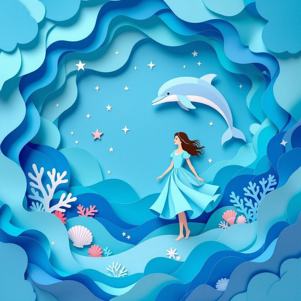 Magical Paper Ocean with Girl and Dolphin