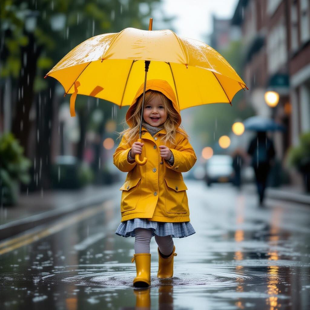 Little Girl Dancing Joyfully In Heavy Rain With Tulip Umbrel...