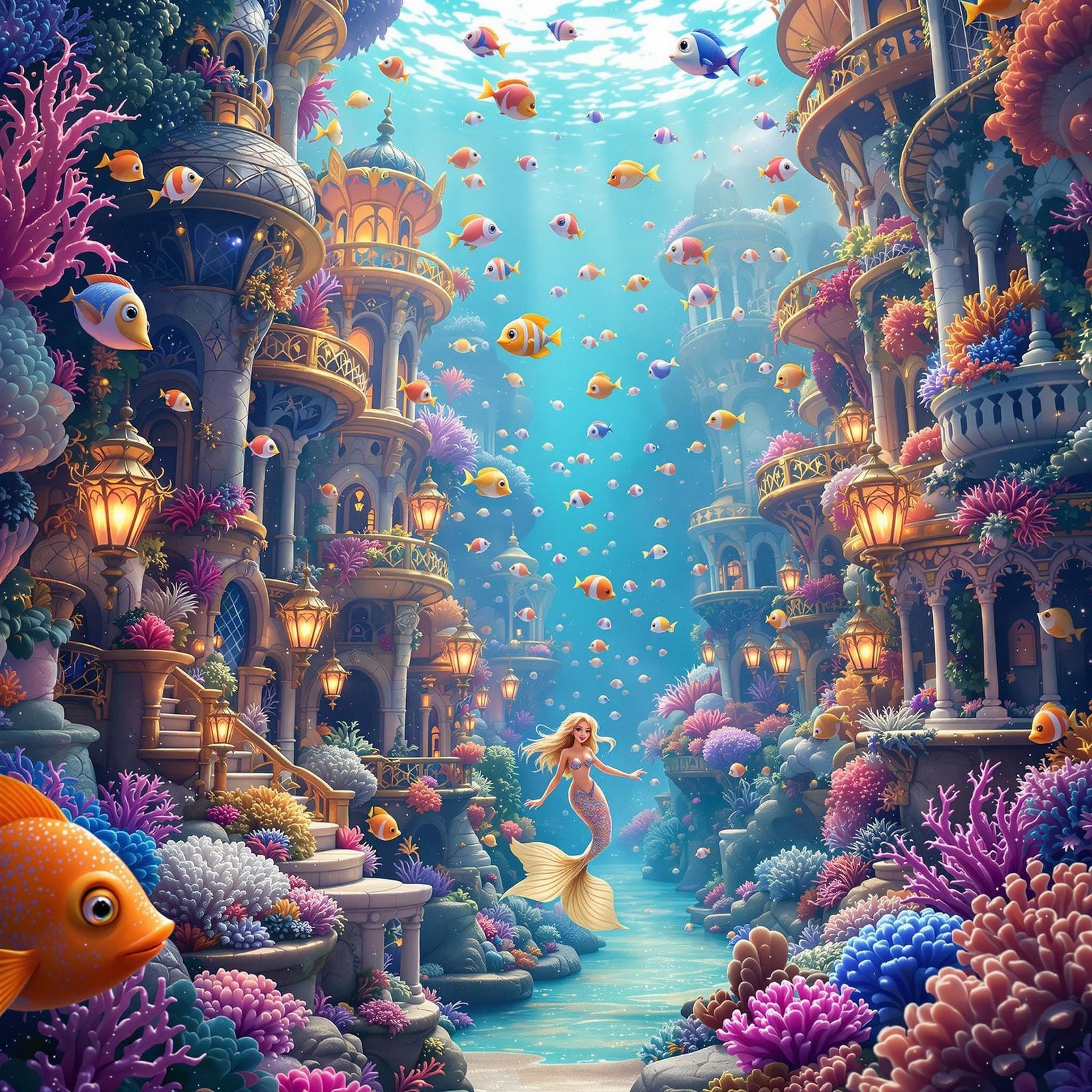 Mystical Underwater City with Mermaid and Iridescent Fish