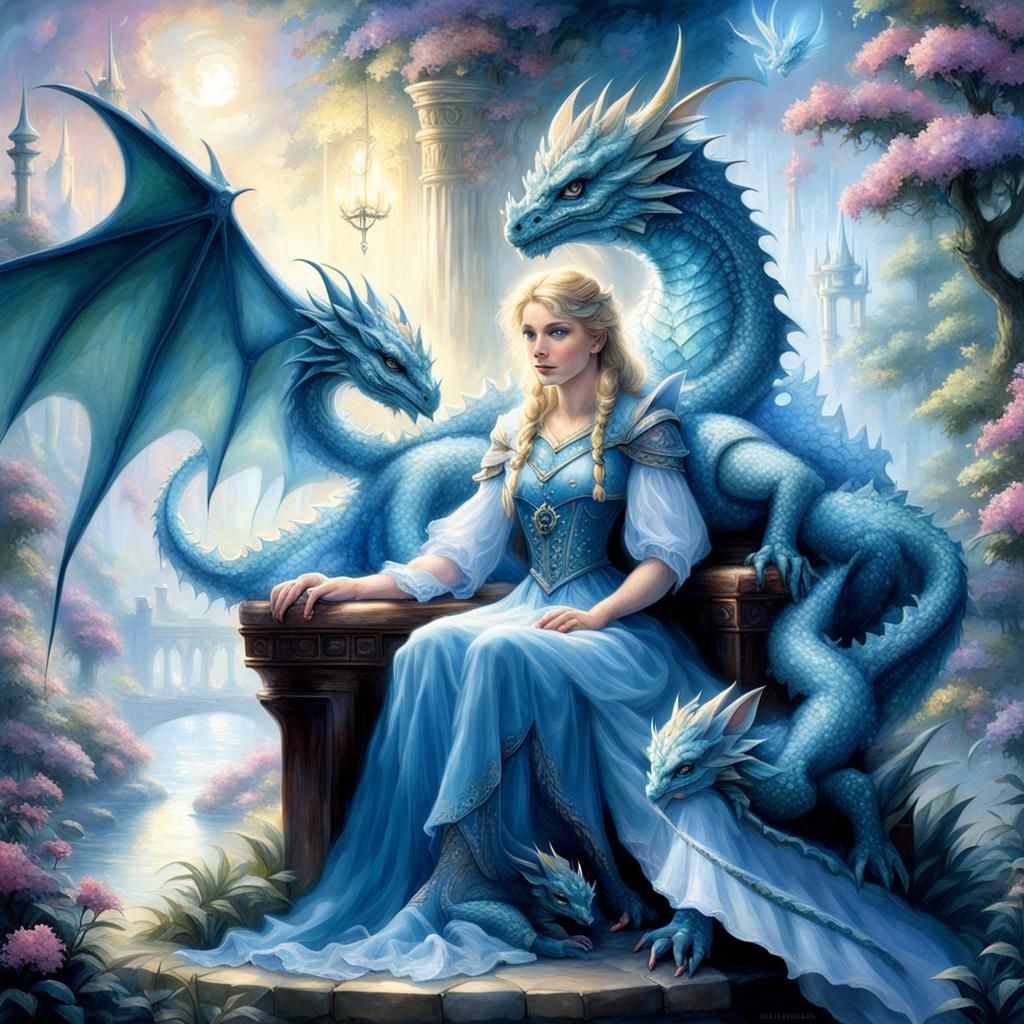 Girl on Throne with Dragon in Ethereal Style
