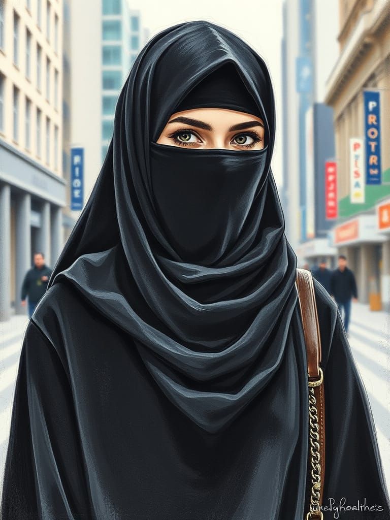 Niqabi Woman in City, Color Pencil Painting