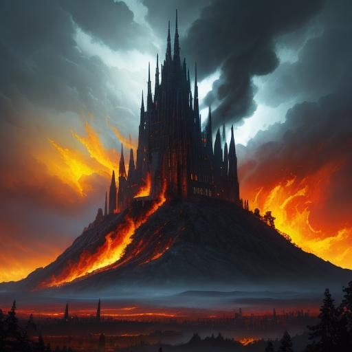 Infernal Landscape in Maximalist Gouache Style