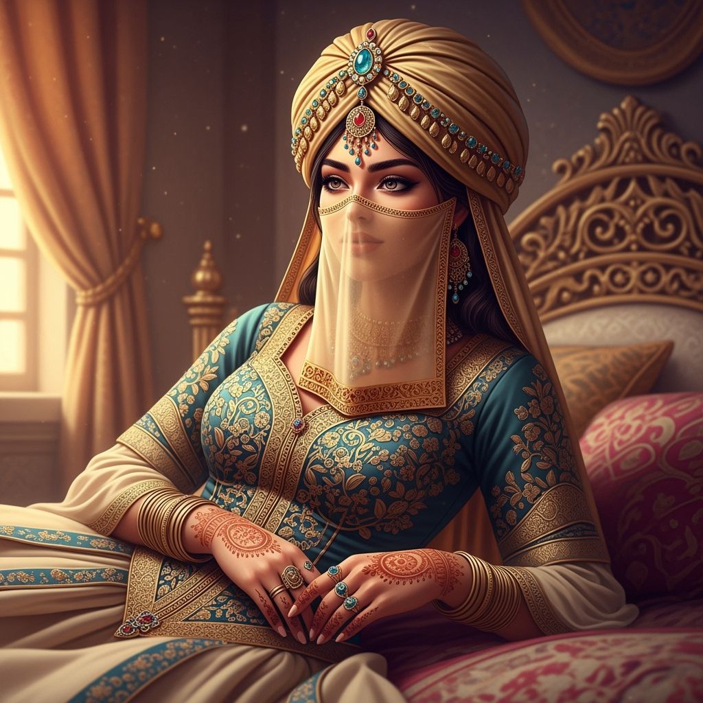 Arabian Bride in Ornate Gown and Turban