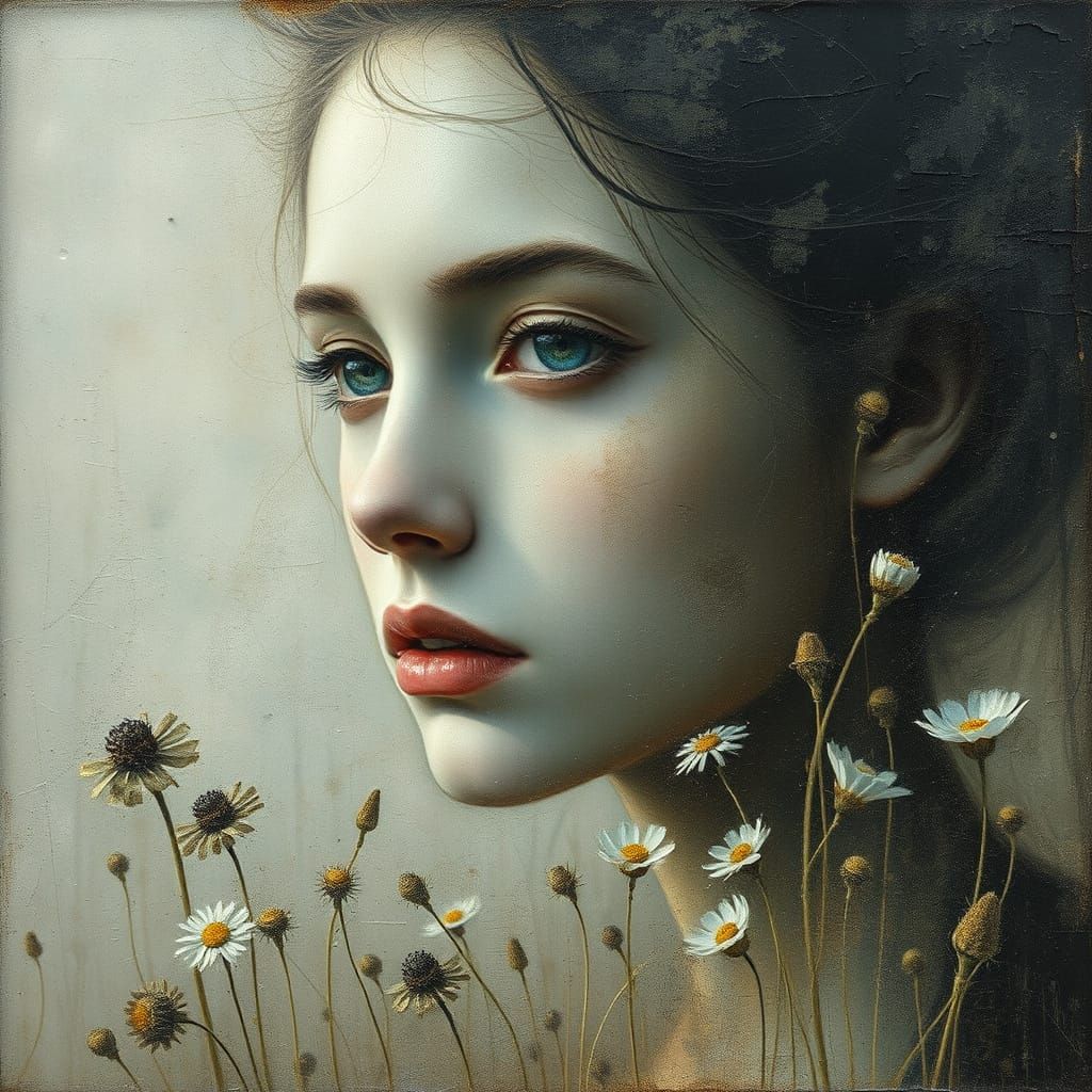 Ethereal Dreamer in Windswept Meadow: Charcoal Portrait