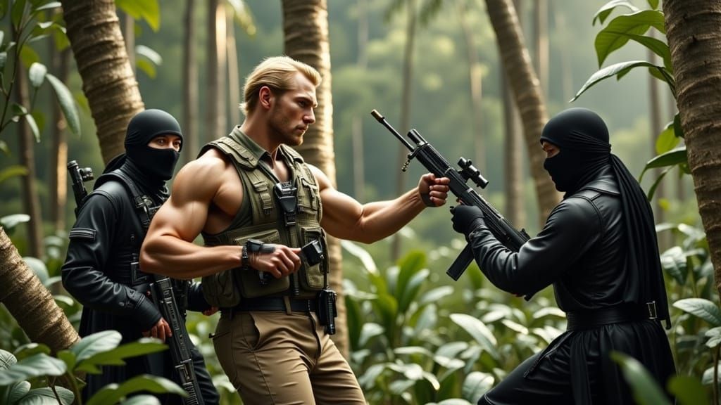 Muscular Soldier Fights Ninjas in Detailed Jungle Realism