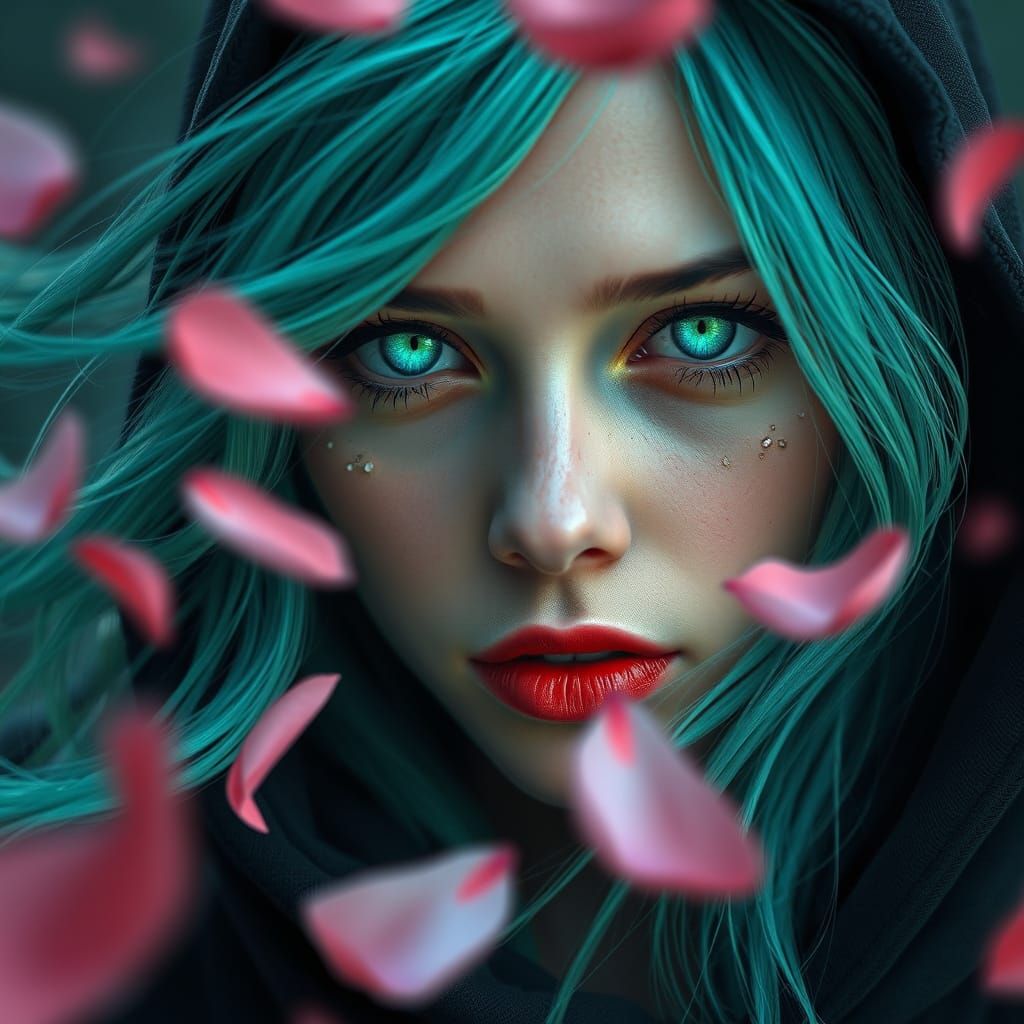 Ethereal Woman in Hyper-Realistic Portrait with Sea-Green Ha...