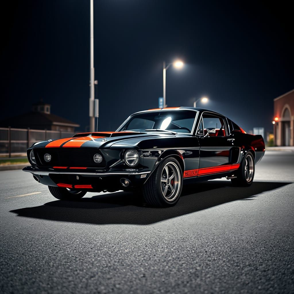 Sleek Black Mustang Shelby GT500 Under Streetlights