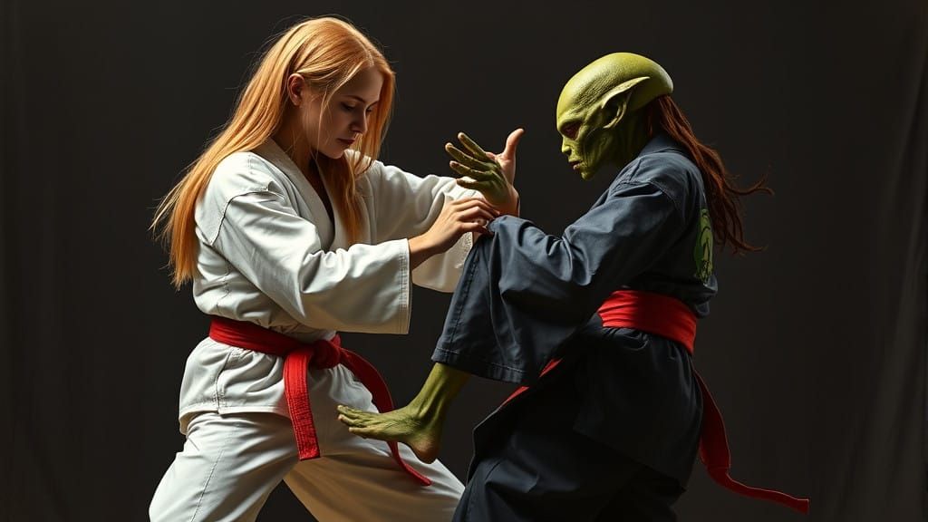 Alien Judo Match in Oil Painting Style