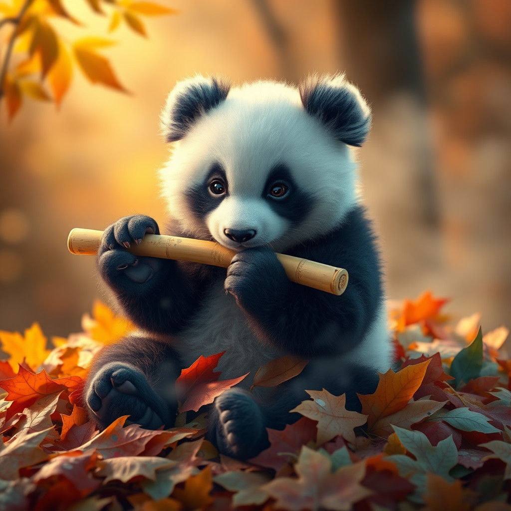 Adorable Panda Cub in Enchanted Autumn Scene