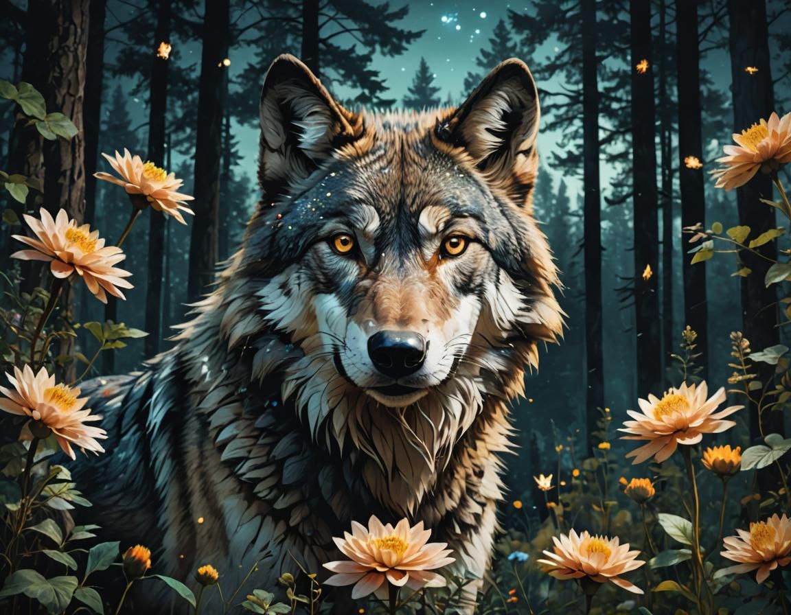 Surrealistic Wolf in Dreamy Forests of Nighttime Magic