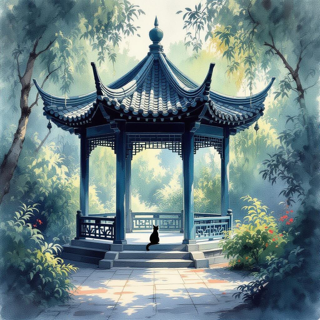 Baroque Gazebo in Lush Park: Chinese Ink Painting
