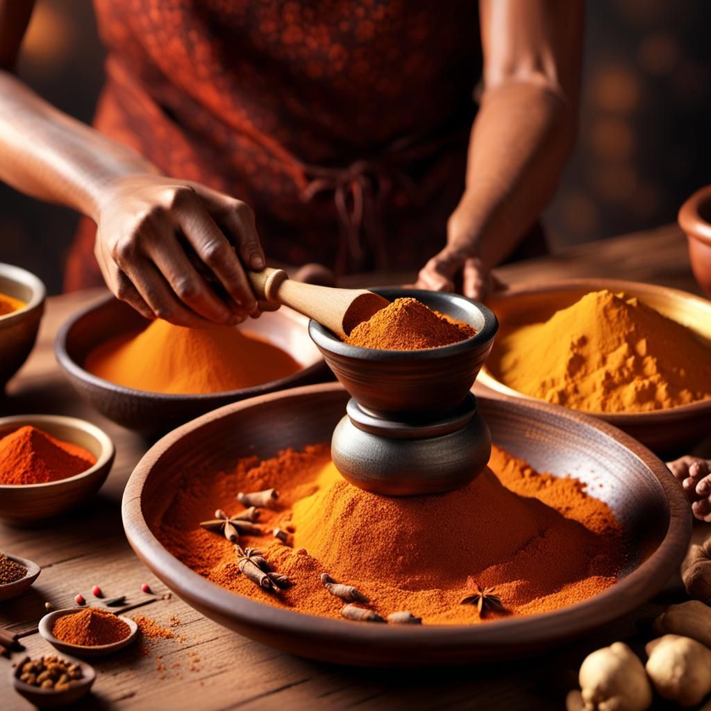 Indian Woman Grinding Spices in Traditional Mortar