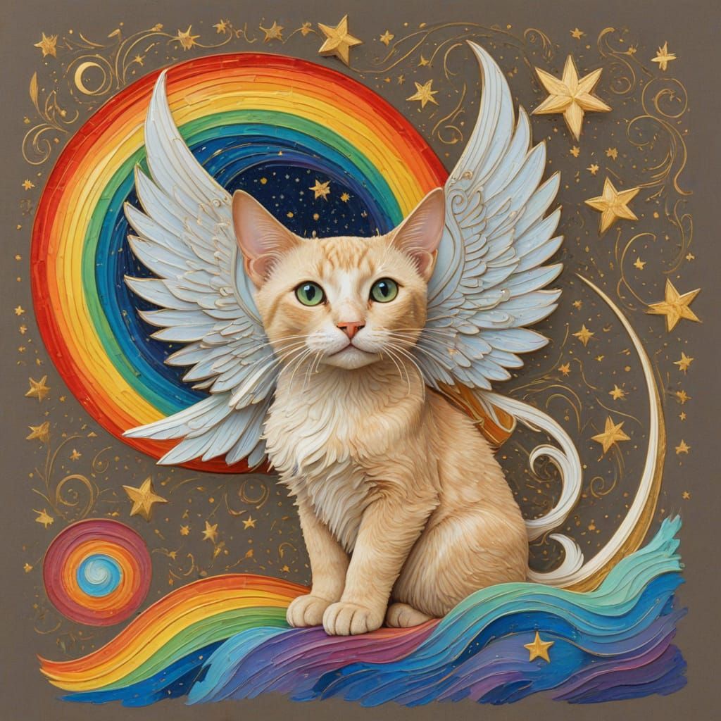 Van Gogh celestial night scene. Close-up, head and shoulders portrait. A black and white hairless cat with green eyes an...