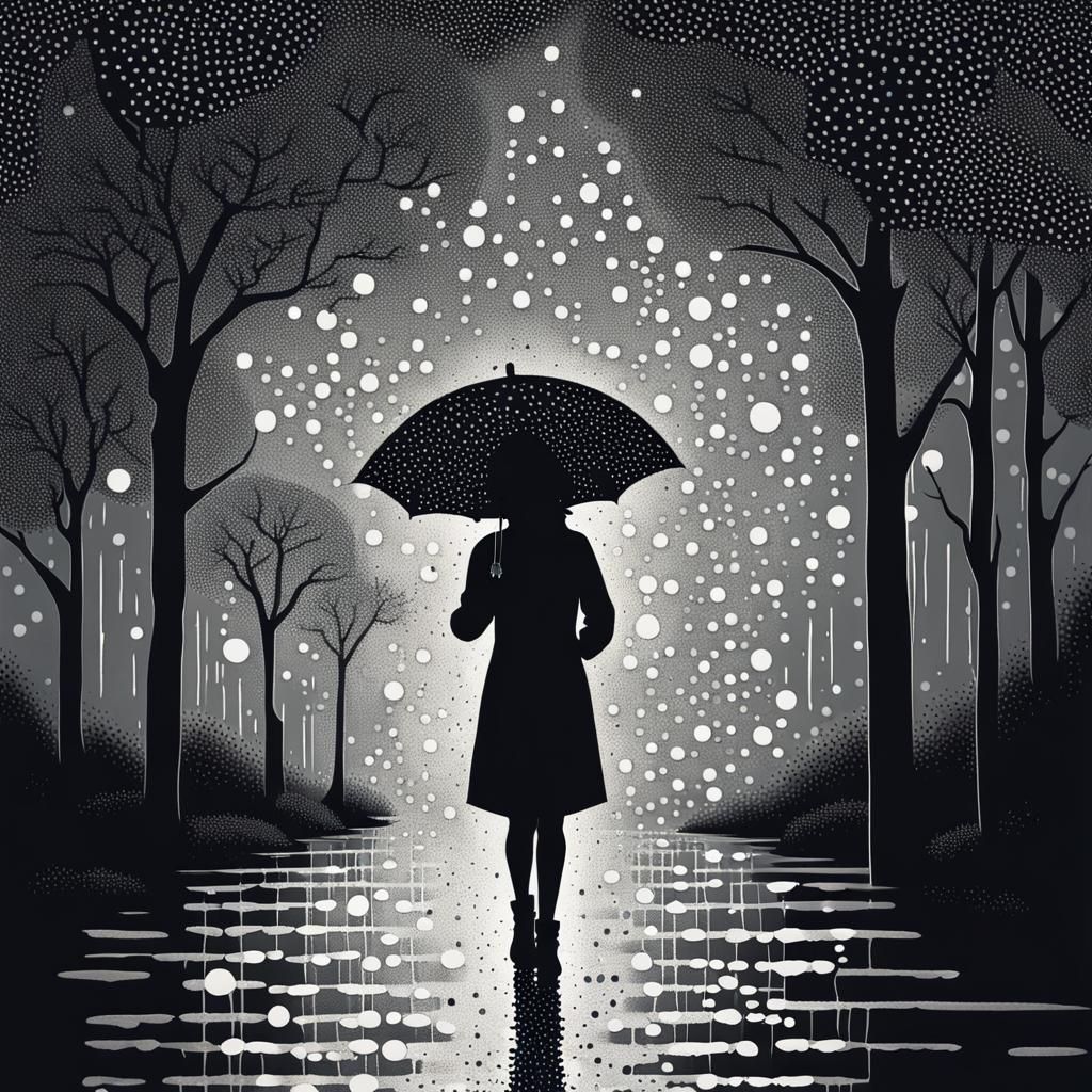 Rainy Scene with Girl and Umbrella in Pointillist Style