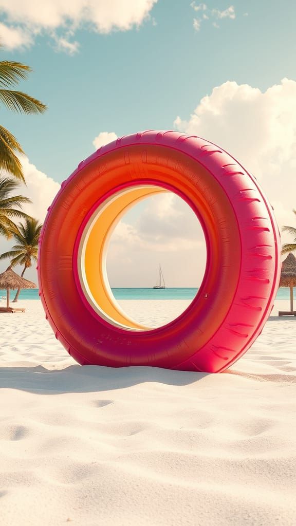 Vibrant Tropical Beach Scene with Majestic Inflatable Tire