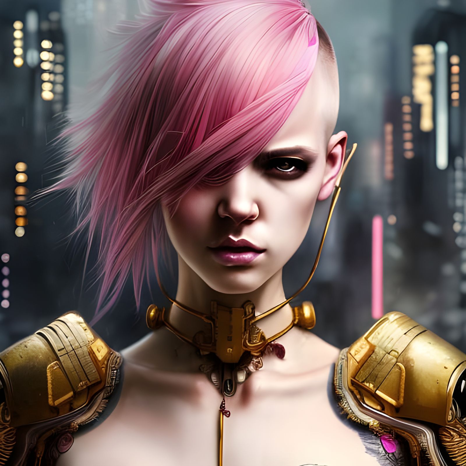 Cyberpunk Goddess with Pink Hair and Gold Armor