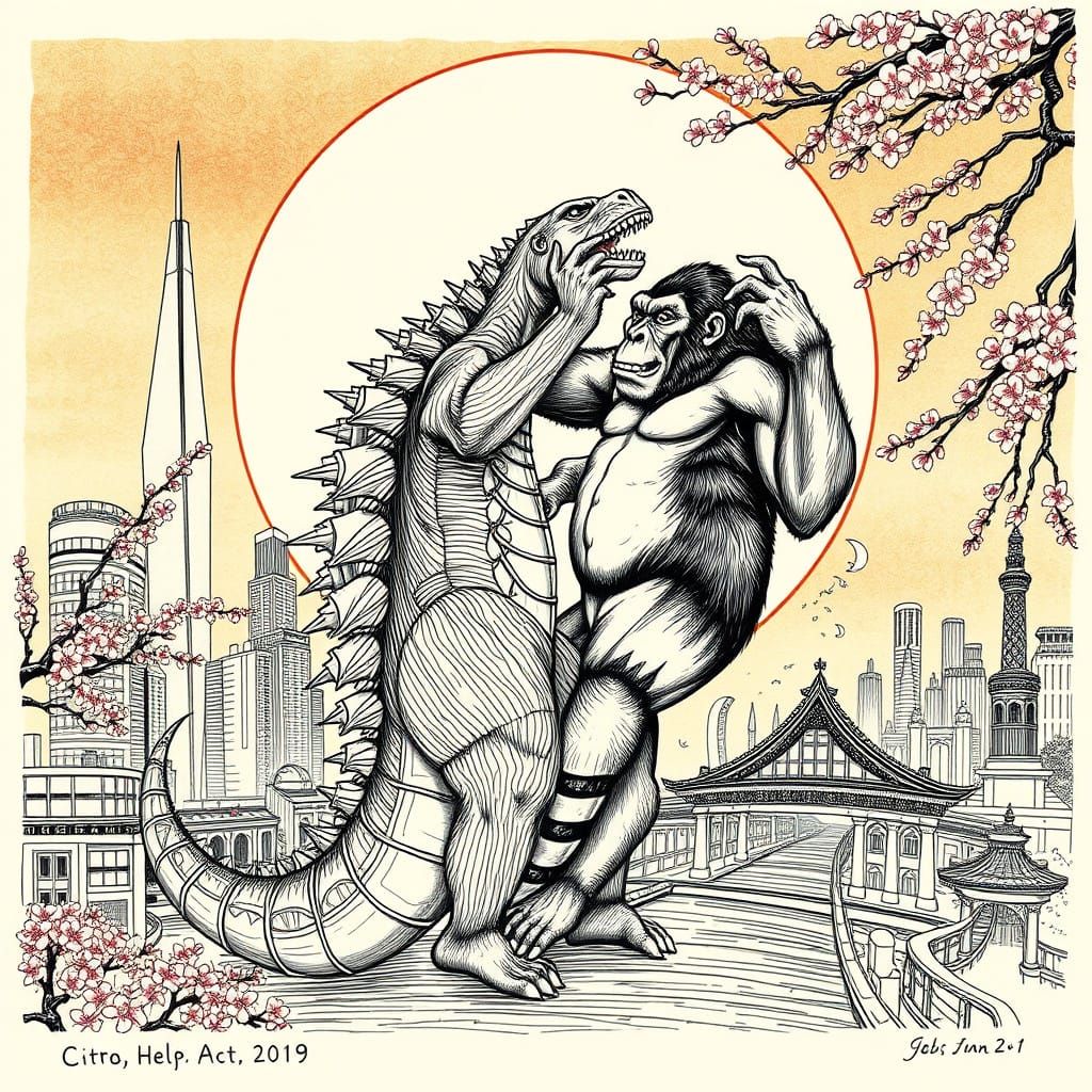 Godzilla and King Kong Dance in Art Nouveau Tokyo
