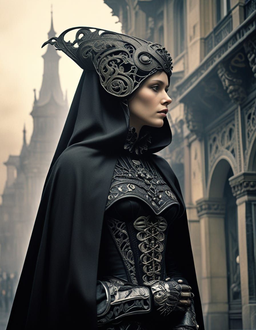 Figure in Foggy City, Art Nouveau and Biomechanical Style