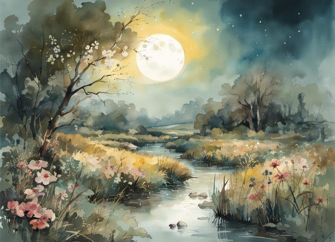 Moonlit Country Landscape in Watercolor Style