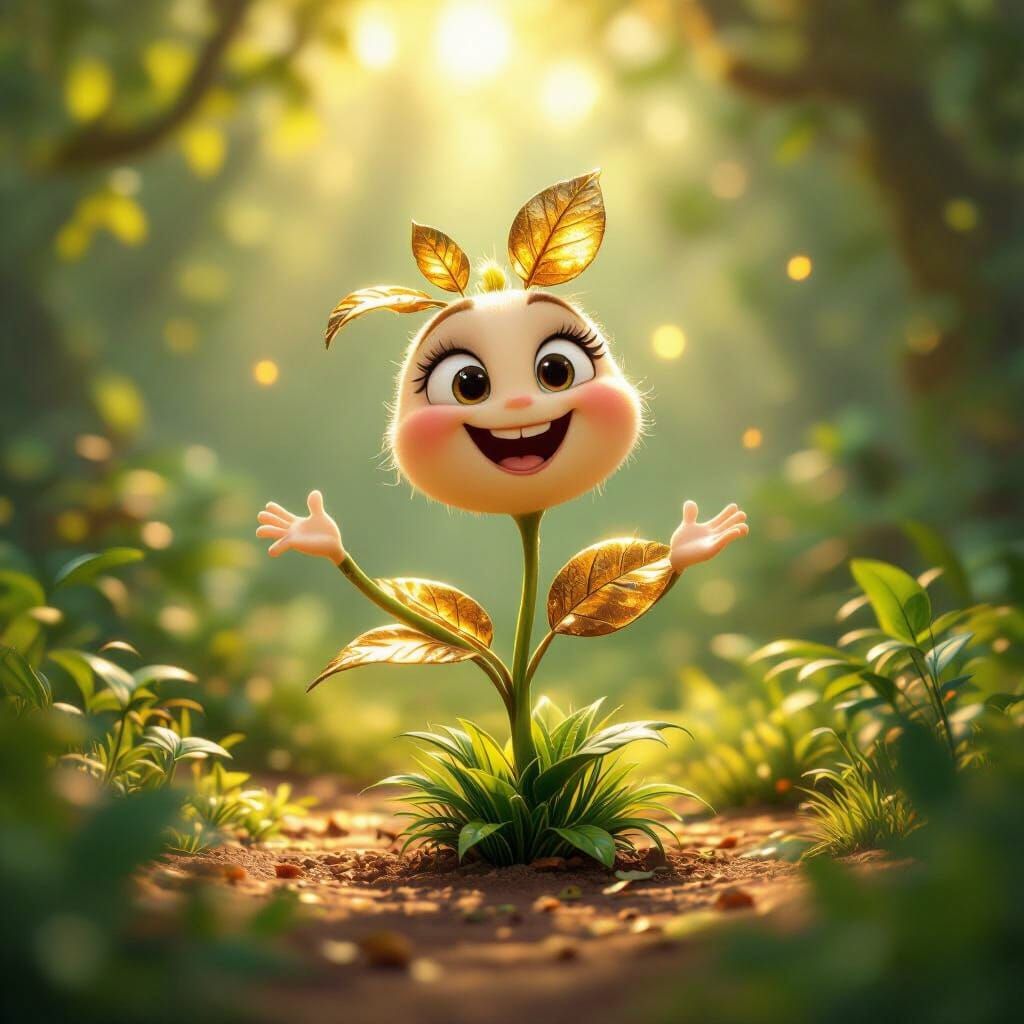 Whimsical Golden Plant Dancing in Sunlit Forest