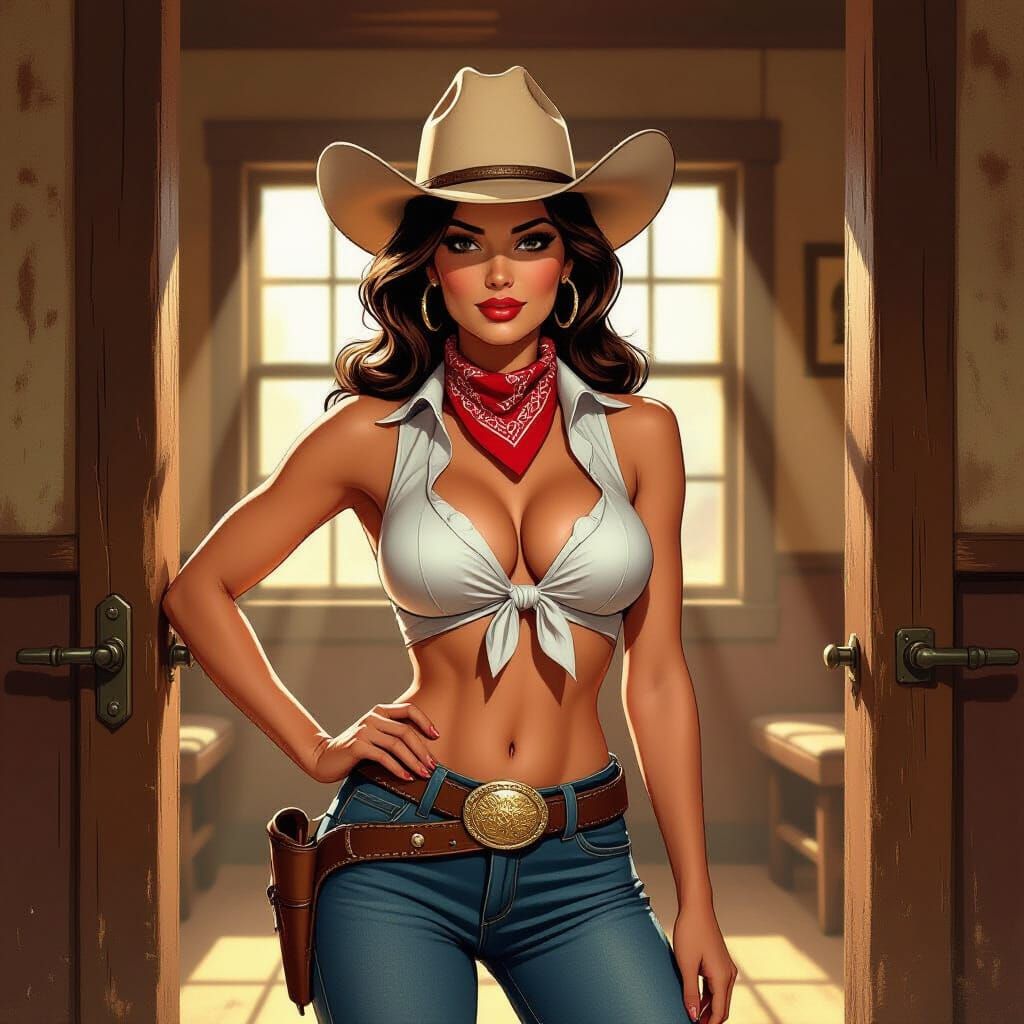 Cowgirl in Dusty Saloon, Vintage Pin-Up Style