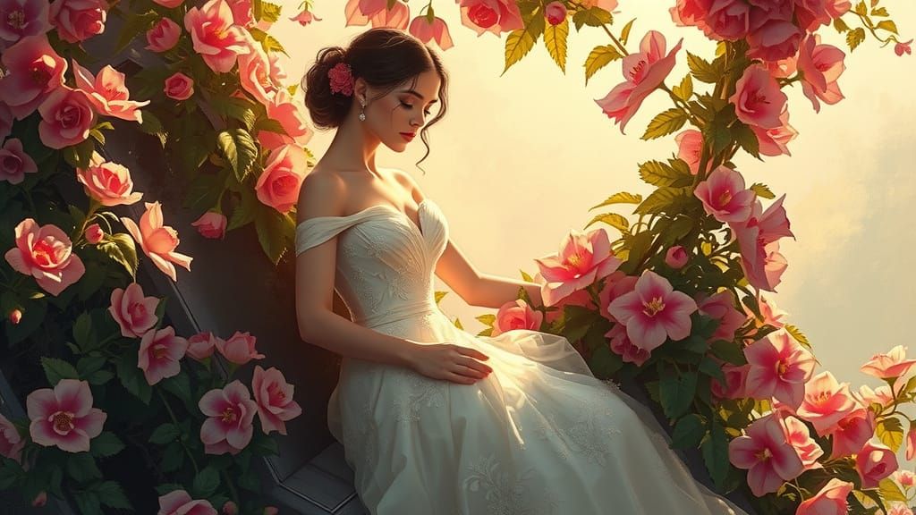 Botanical Woman in Dreamy Light, Art Nouveau Style