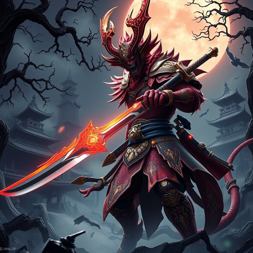 Cyberpunk Anime Demon Warrior in Crimson Armor