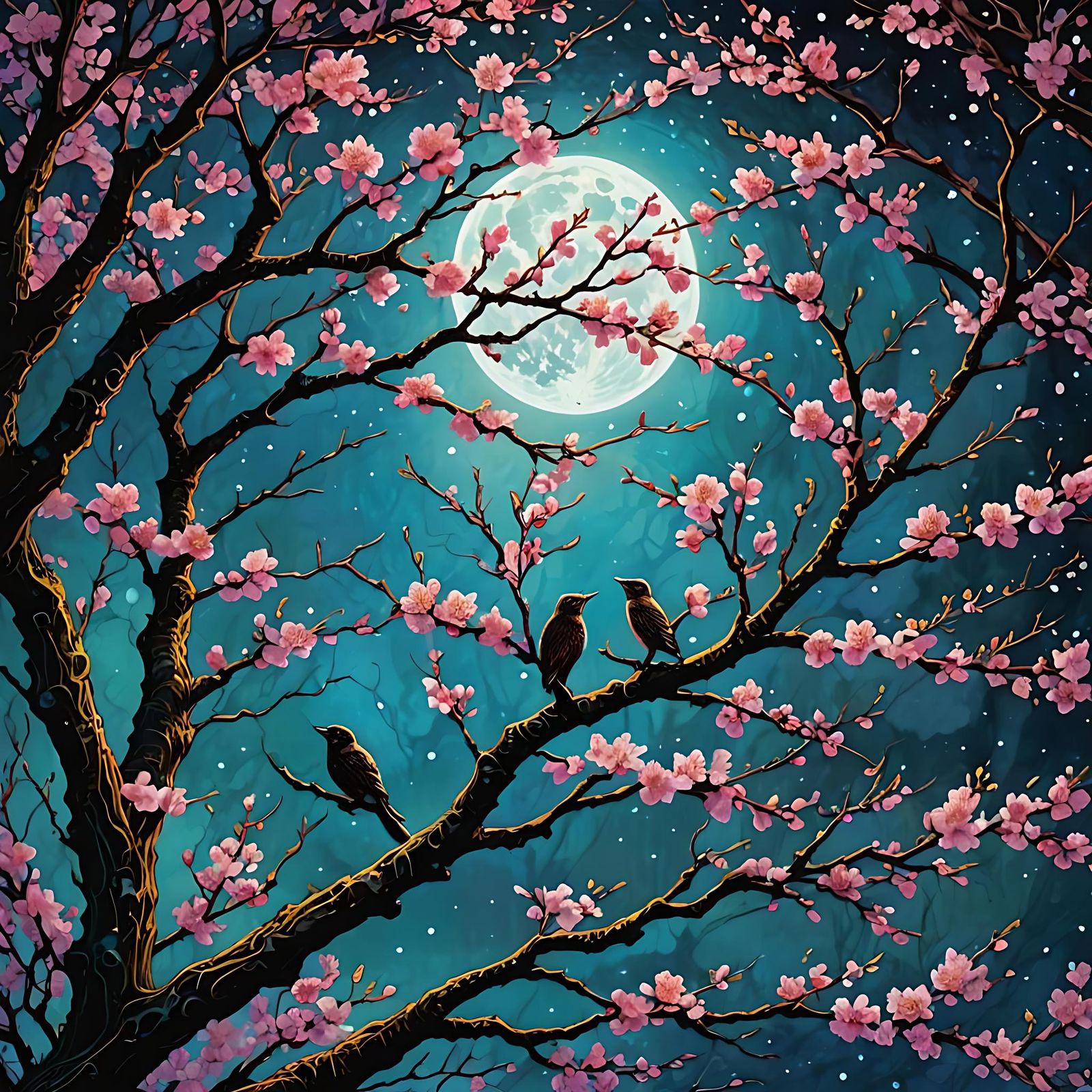 Moonlit Cherry Blossoms in a Colorful Biome