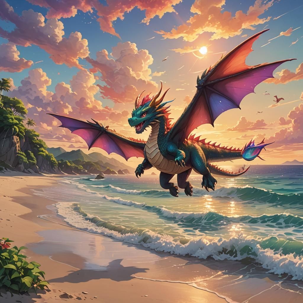 Playful Dragon Soaring Through Summer Sunset: Anime Style