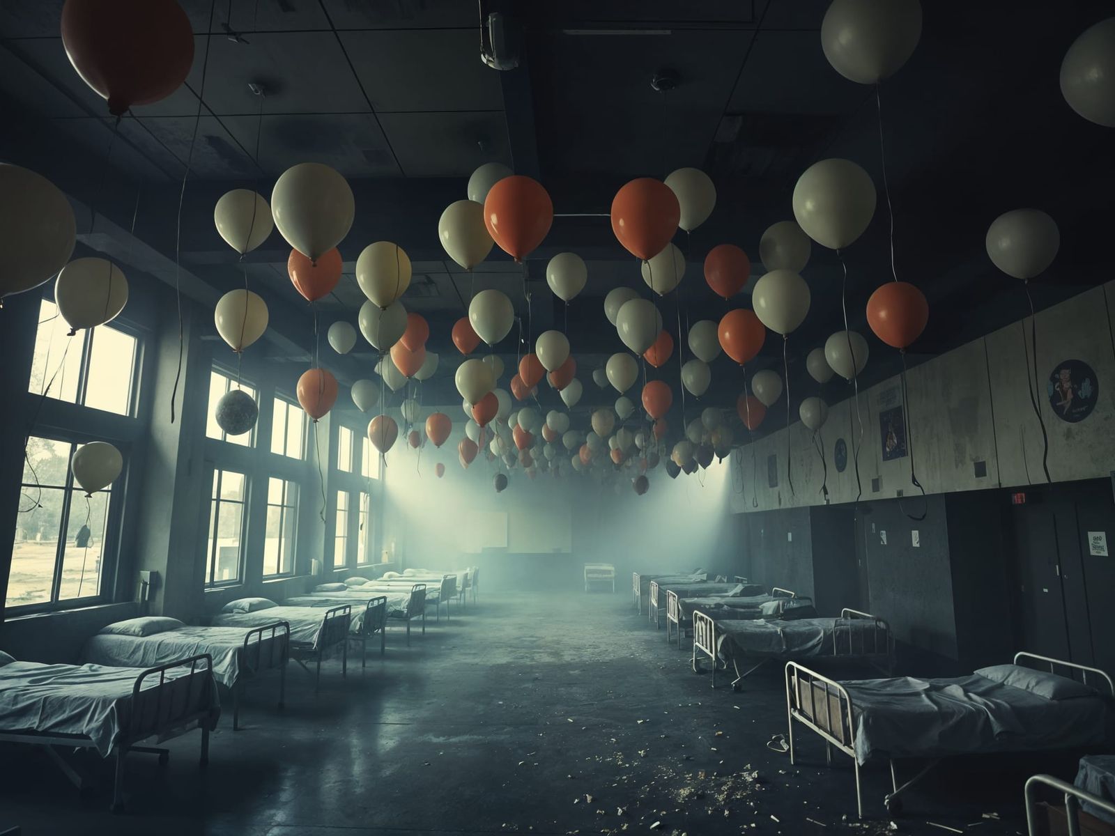 Surreal Balloons Hovering in Abandoned Cafeteria