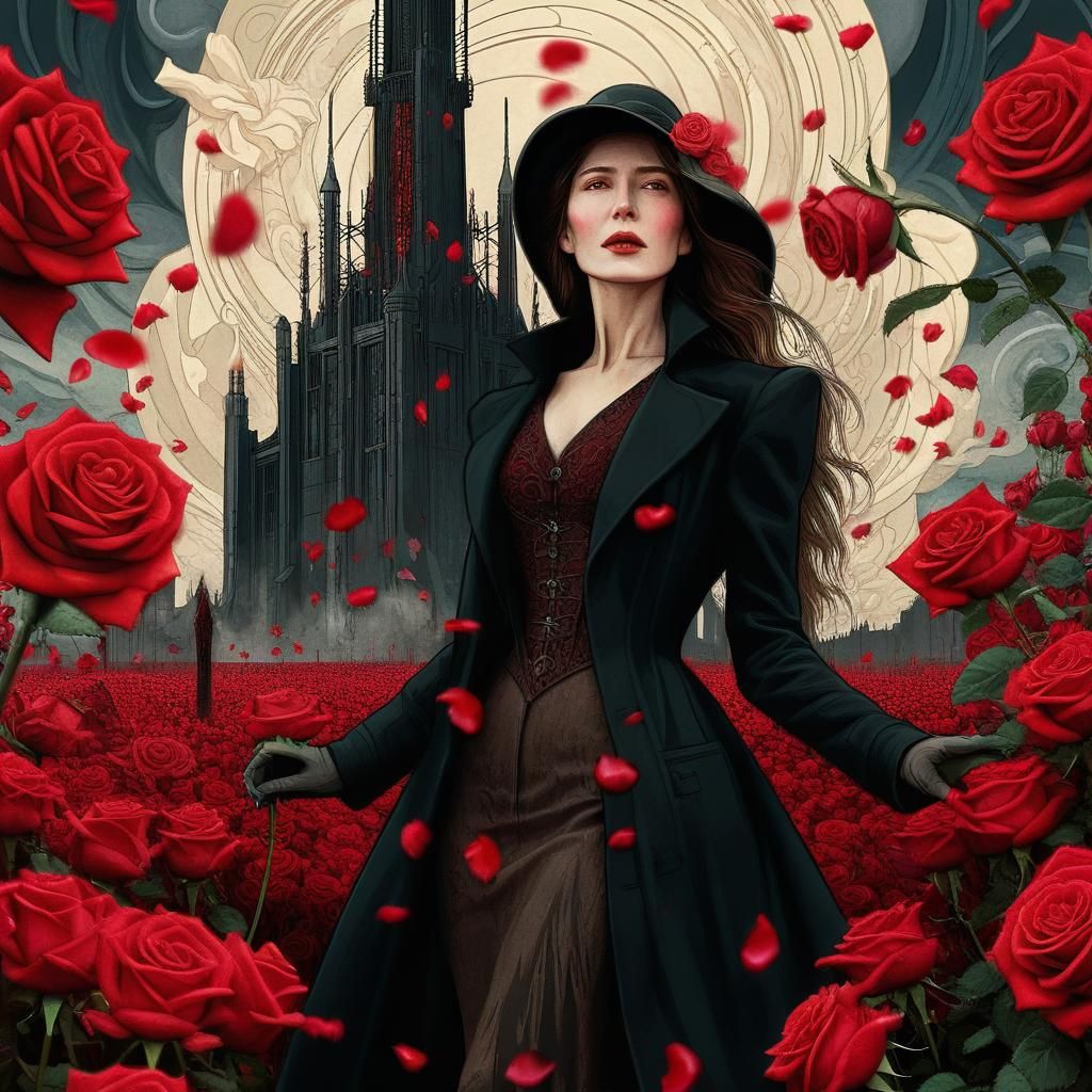 Gothic Gunslinger in Rose Field, Art Nouveau Style
