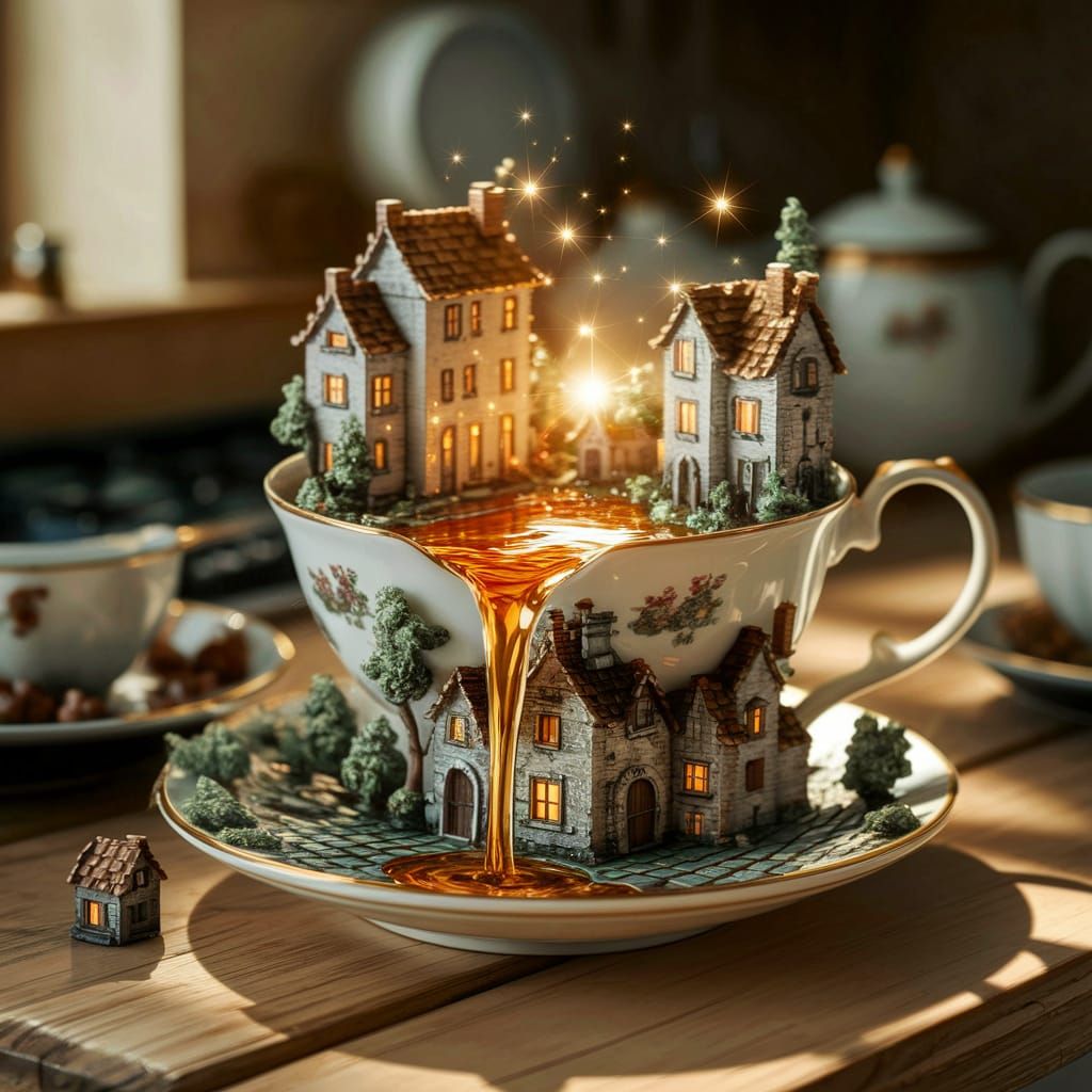 Enchanted Village Floating in Teacup Macro Photograph