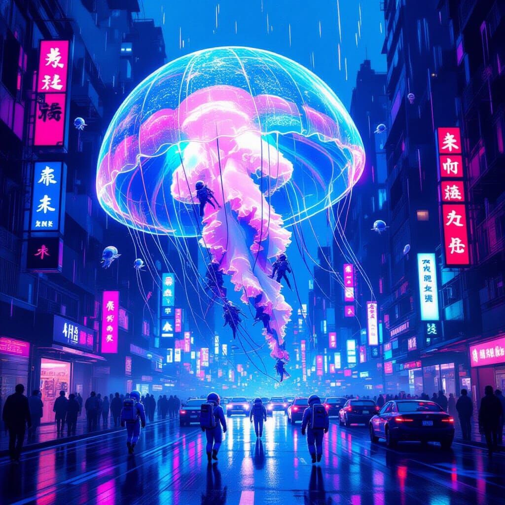 Giant Jellyfish Floats Above Cyberpunk City