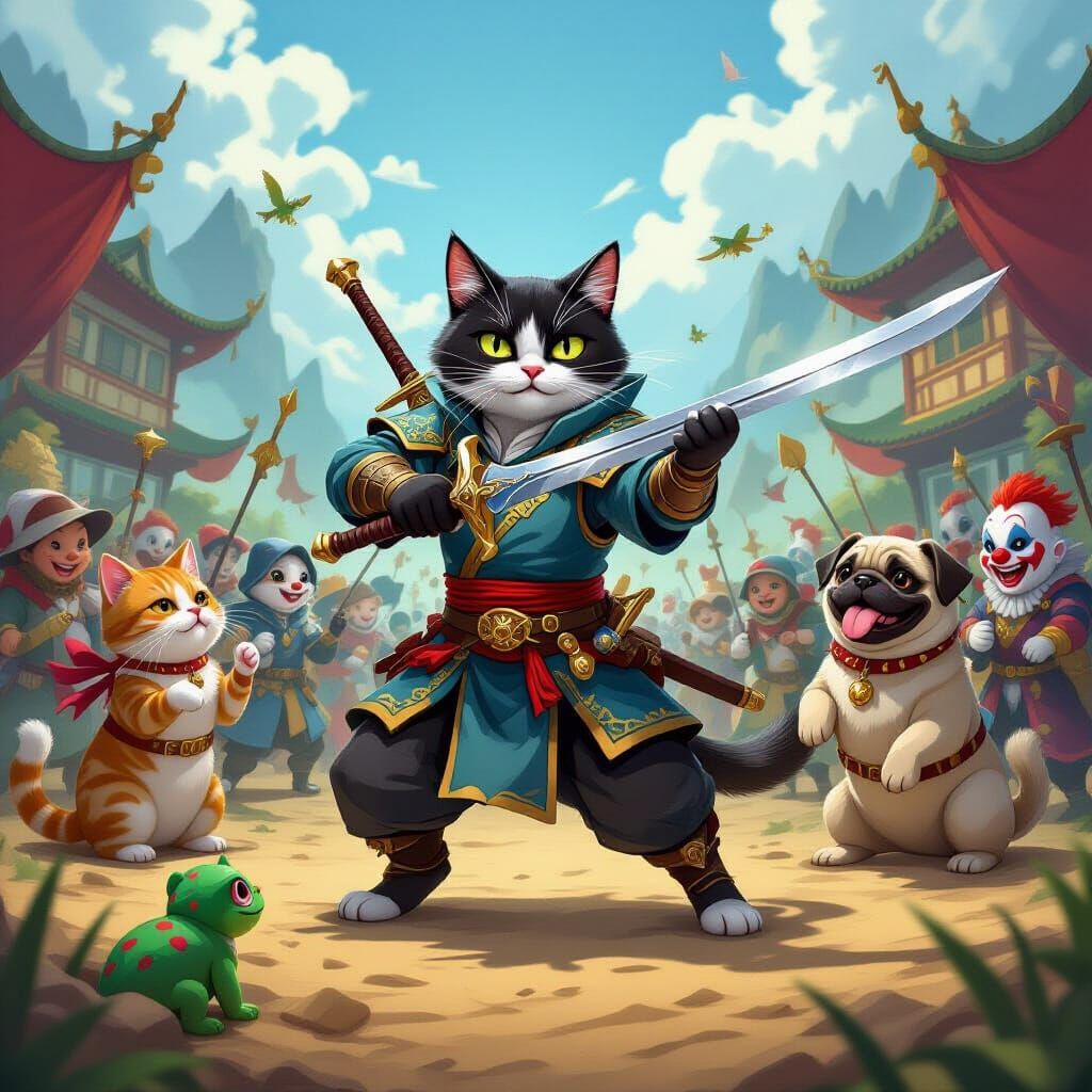 Epic Battlefield Scene with Cats, Dragons, and Clowns