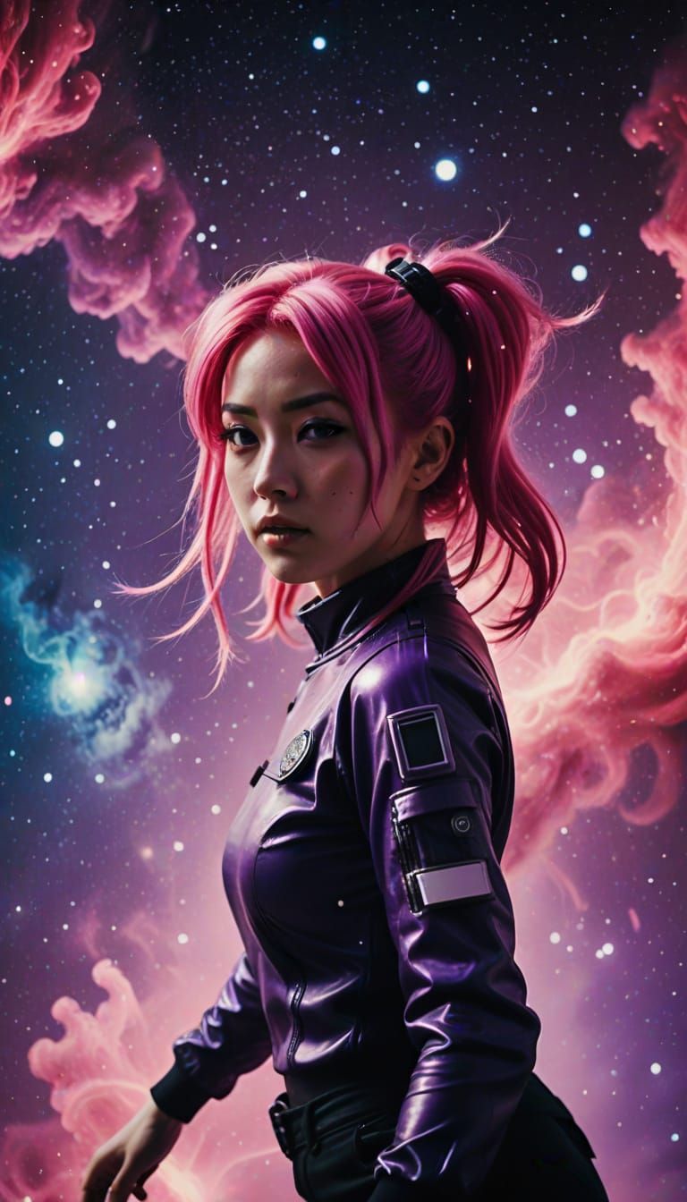 Pink Haired Pop Star Leaps into Vibrant Nebula