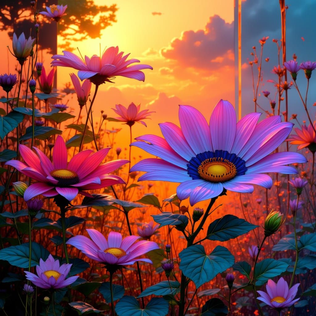 Neon Garden Flowers in Glitch Art Style
