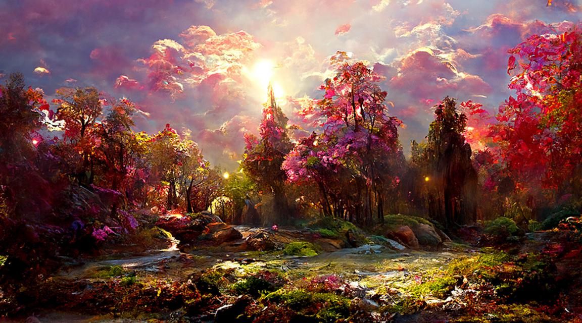 Ethereal Pink Forest Landscape with Glowing Moon