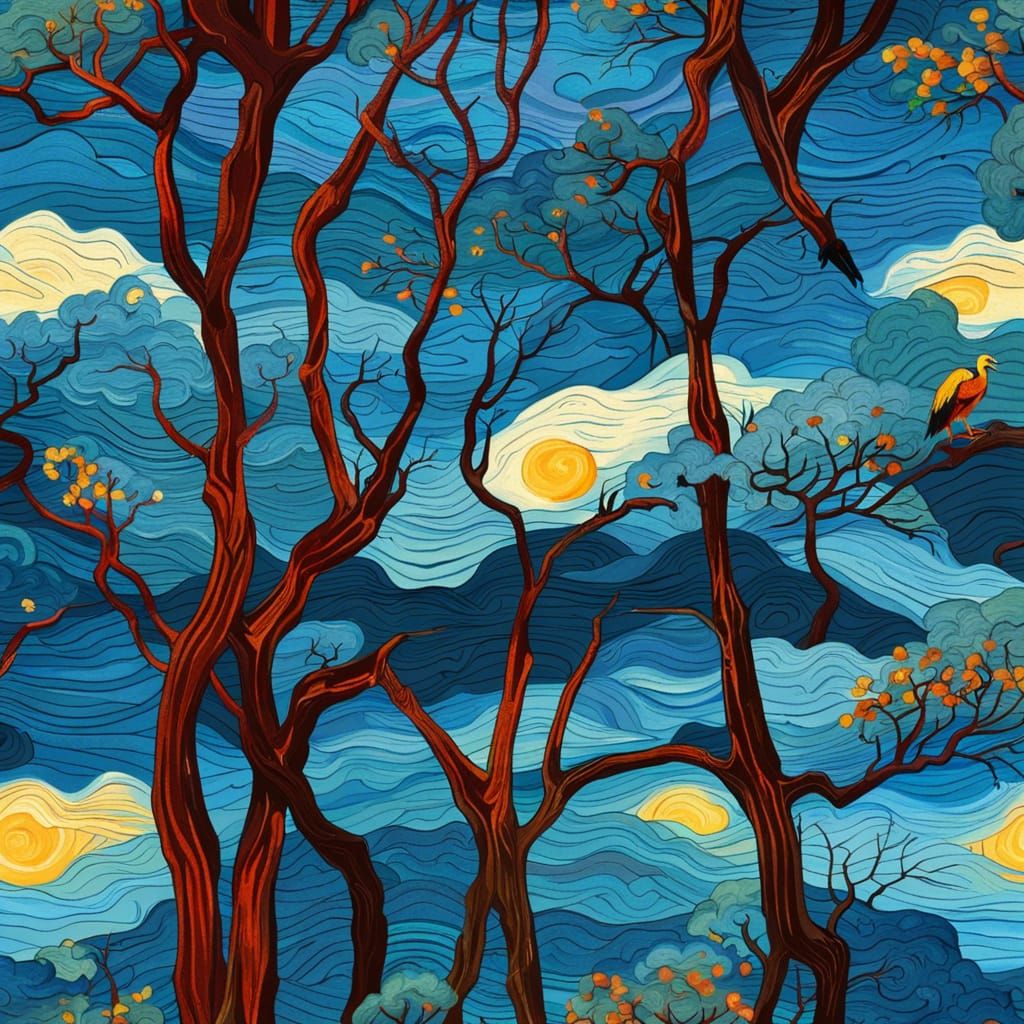 Storks in Deciduous Trees, Van Gogh Style
