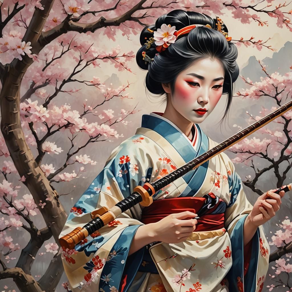Geisha in Cherry Blossom Garden, Ukiyo-e Style