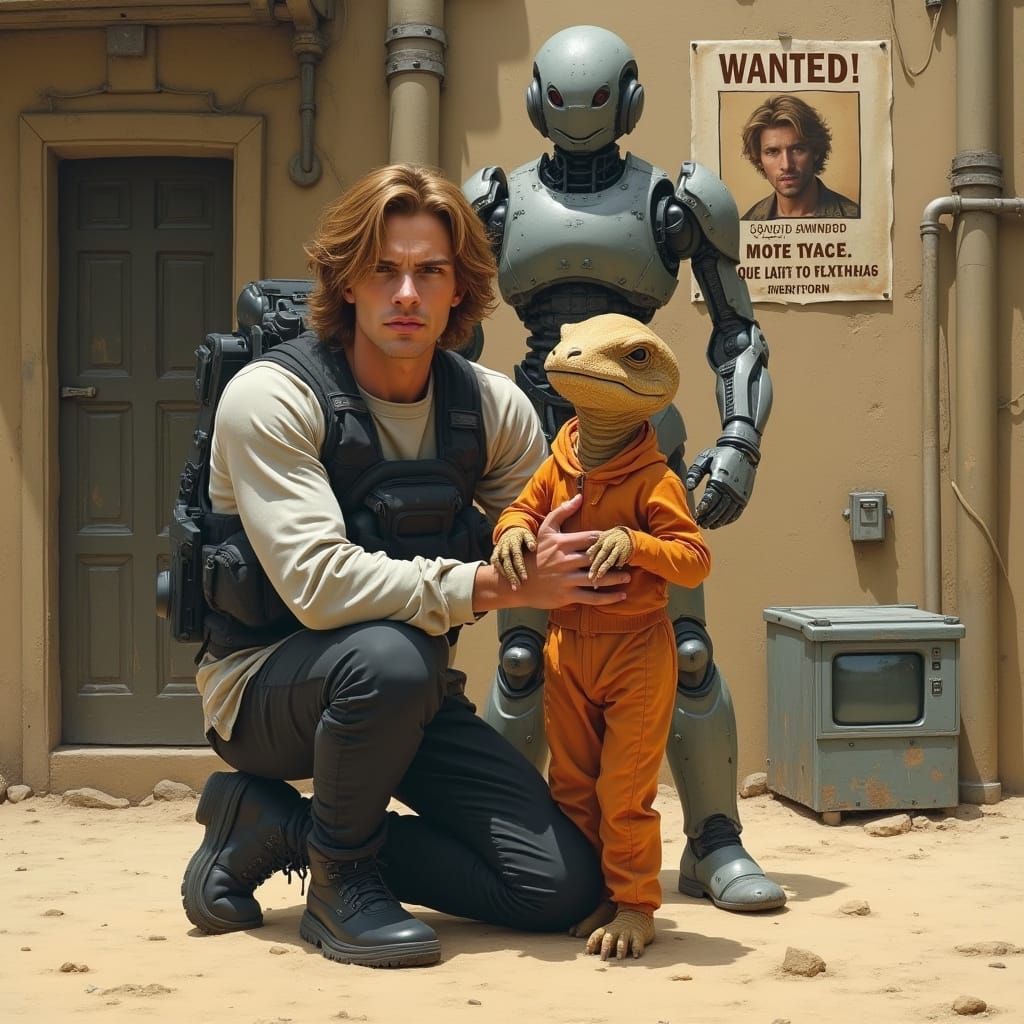 Dystopian Scene with Robot and Humanoid, Hyperrealistic Styl...