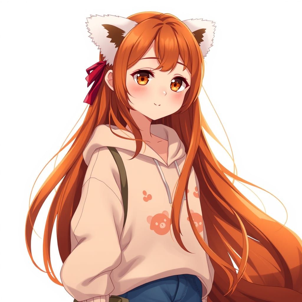 Vibrant Red Panda Hybrid Girl with Long, Flowing Hair and So...