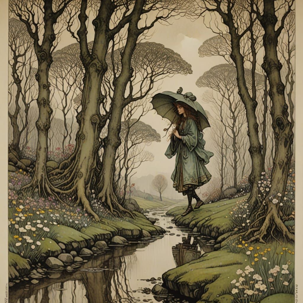Ethereal Rainy Spring Landscape in Art Nouveau Style