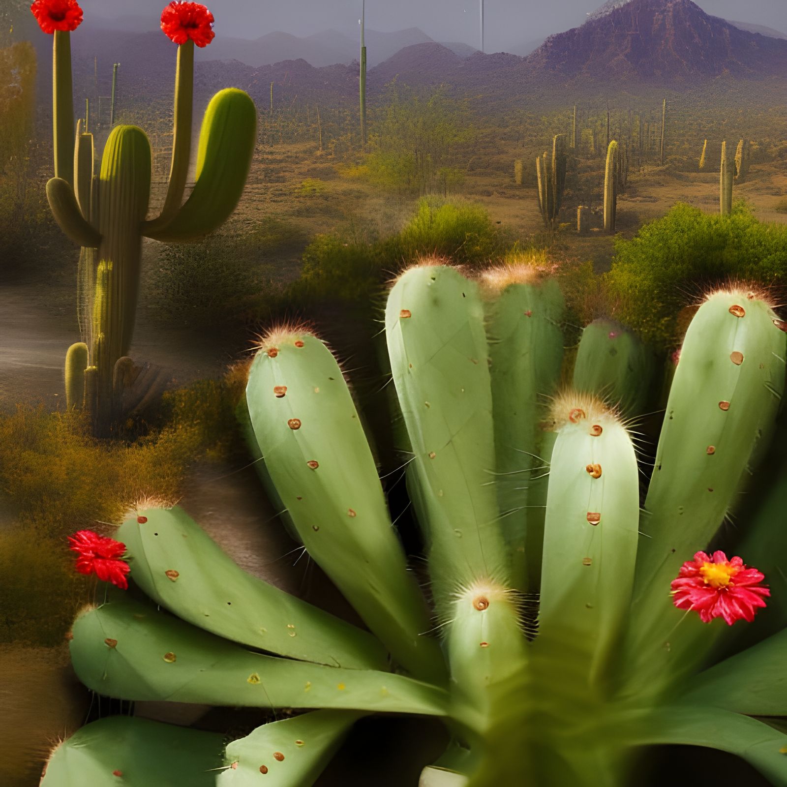 Desert Cactus with Flowers, Hyperrealistic 4K