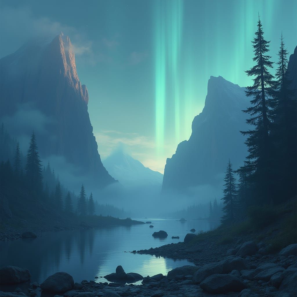 Otherworldly Landscape with Aurora in Dreamy Style