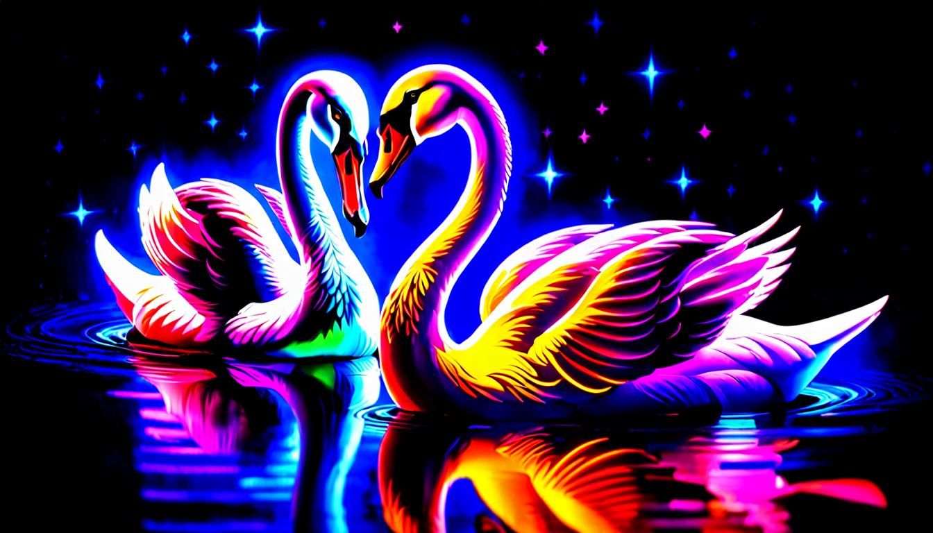 Bioluminescent Neon Swans Reflect on Dark Lake