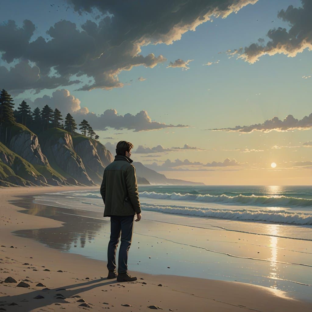 Damien Molony as Jim Bergerac standing on the beach looking ...
