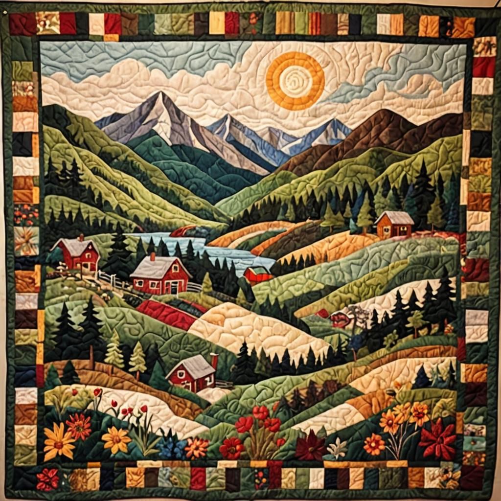 Patchwork Quilt Mountain Landscape: Textile Art