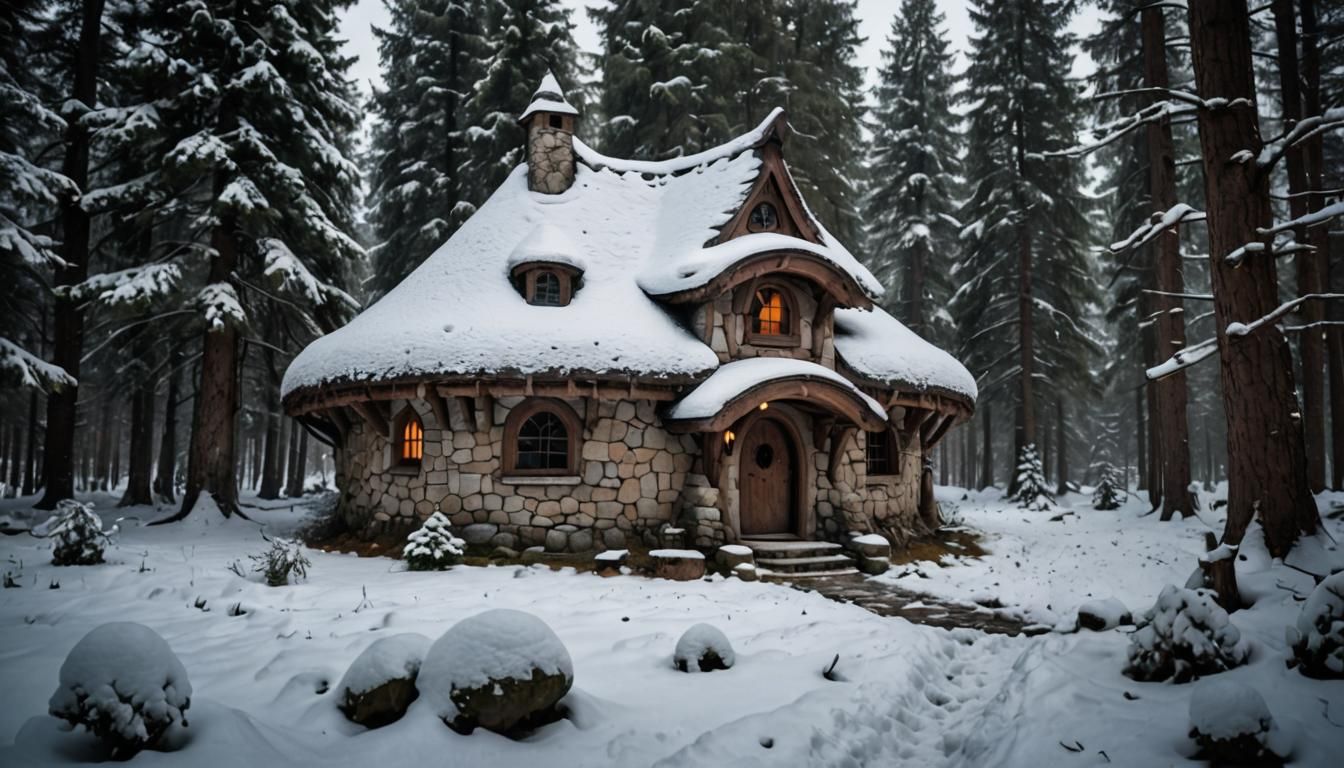 Elven Cottage in Snowy Pine Forest